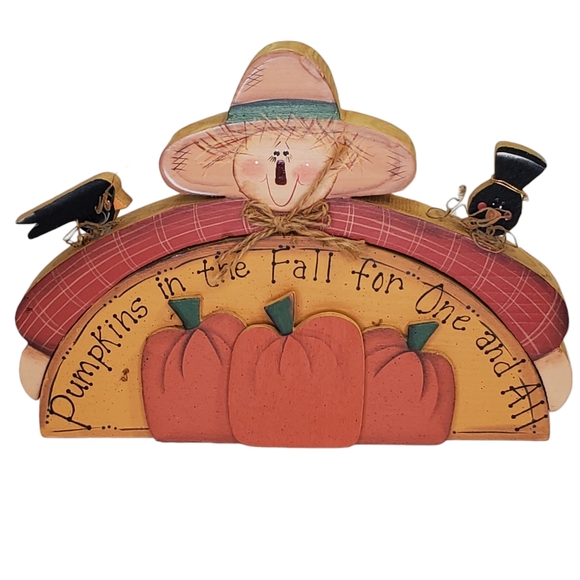 Scarecrow Pumpkins Crows Vintage Wooden Shelf Sitter Hand Crafted Fall Autumn - Picture 1 of 10